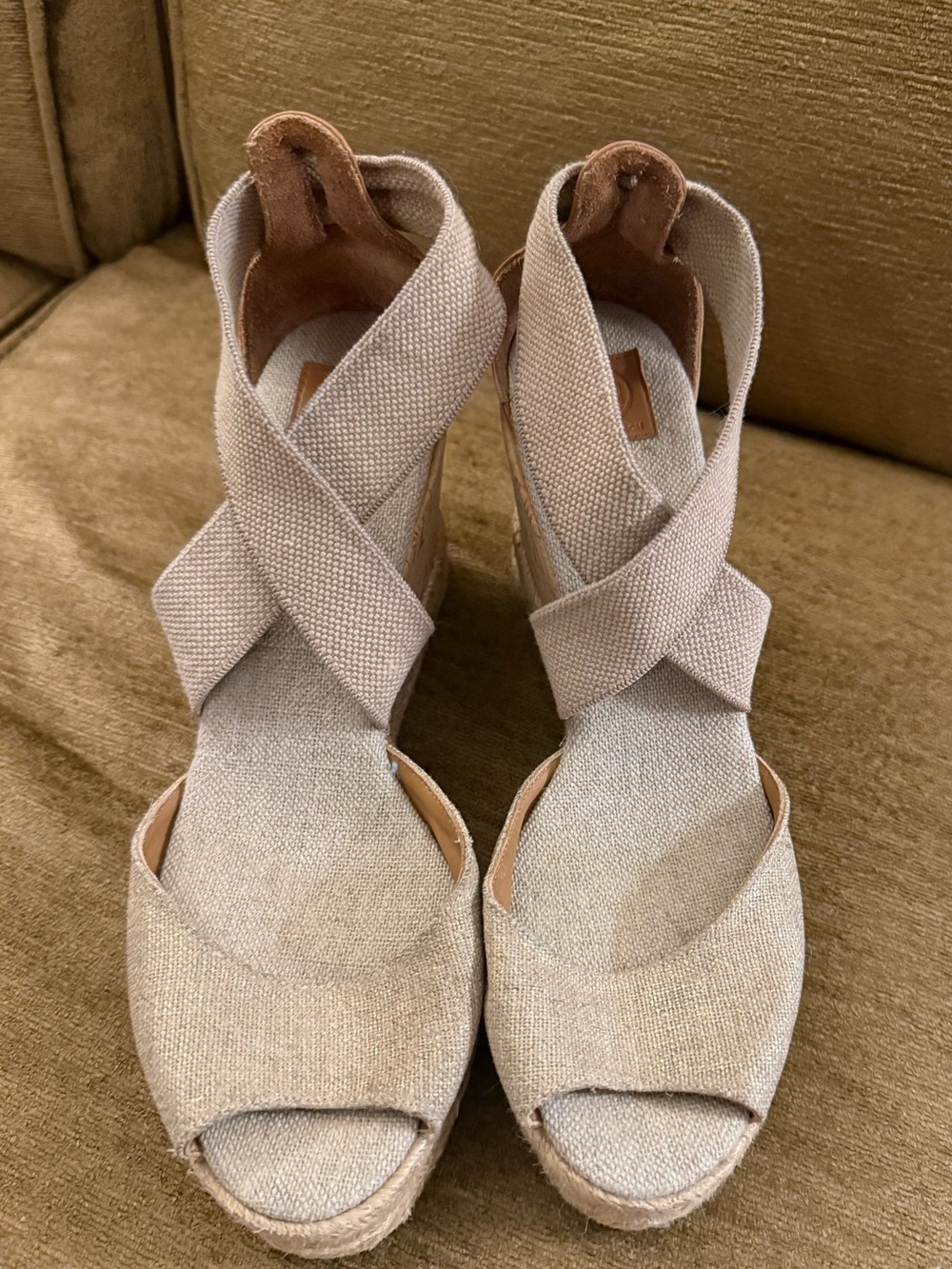 Tory Burch Neutral Canvas Crisscross Espadrille Wedges